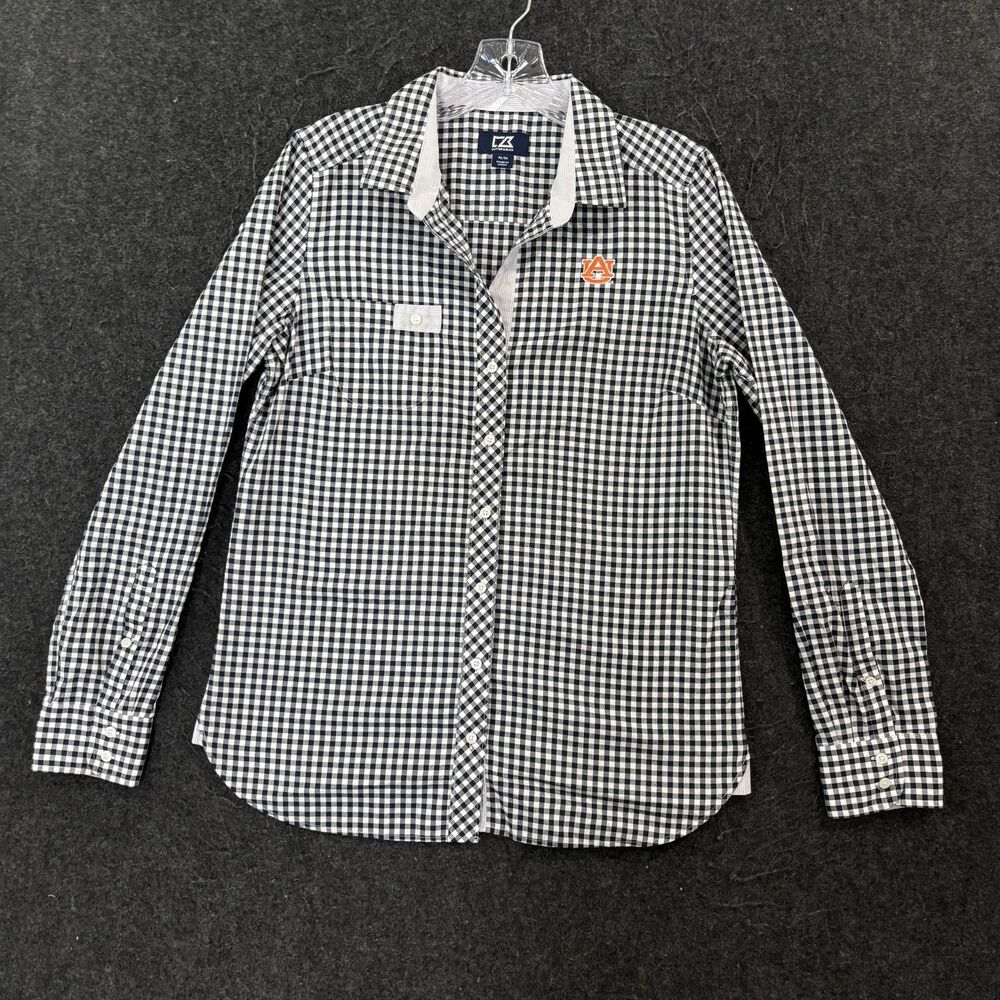 Auburn Tigers Shirt Women's Medium White Navy Blue Gingham Cutter & Buck